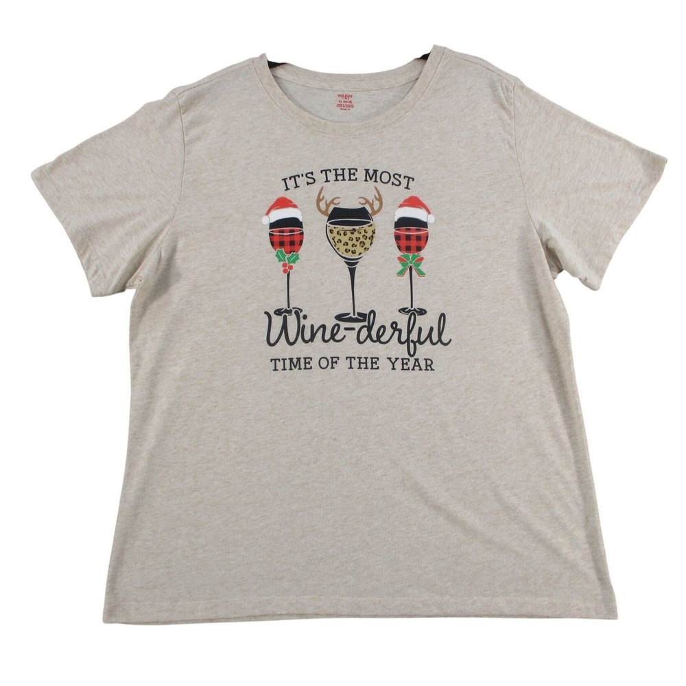 Holiday Time Womens XL Wine-derful Christmas Graphic Tee Oatmeal Beige HT4510